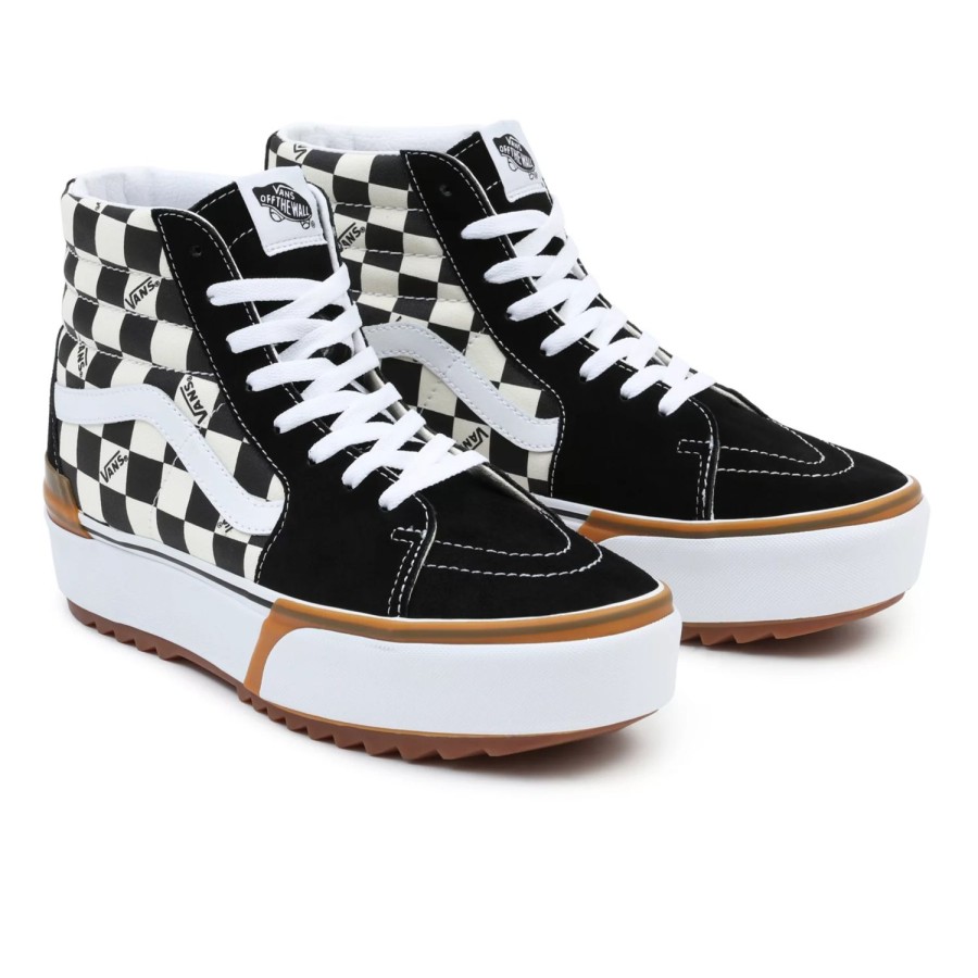 Damen VANS Plateauschuhe | Checkerboard Sk8-Hi Stacked Schuhe Schwarz, Weis