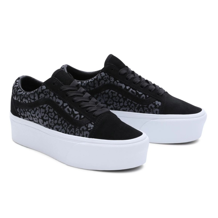 Damen VANS Plateauschuhe | Mono Embroidery Old Skool Stackform Schuhe Schwarz