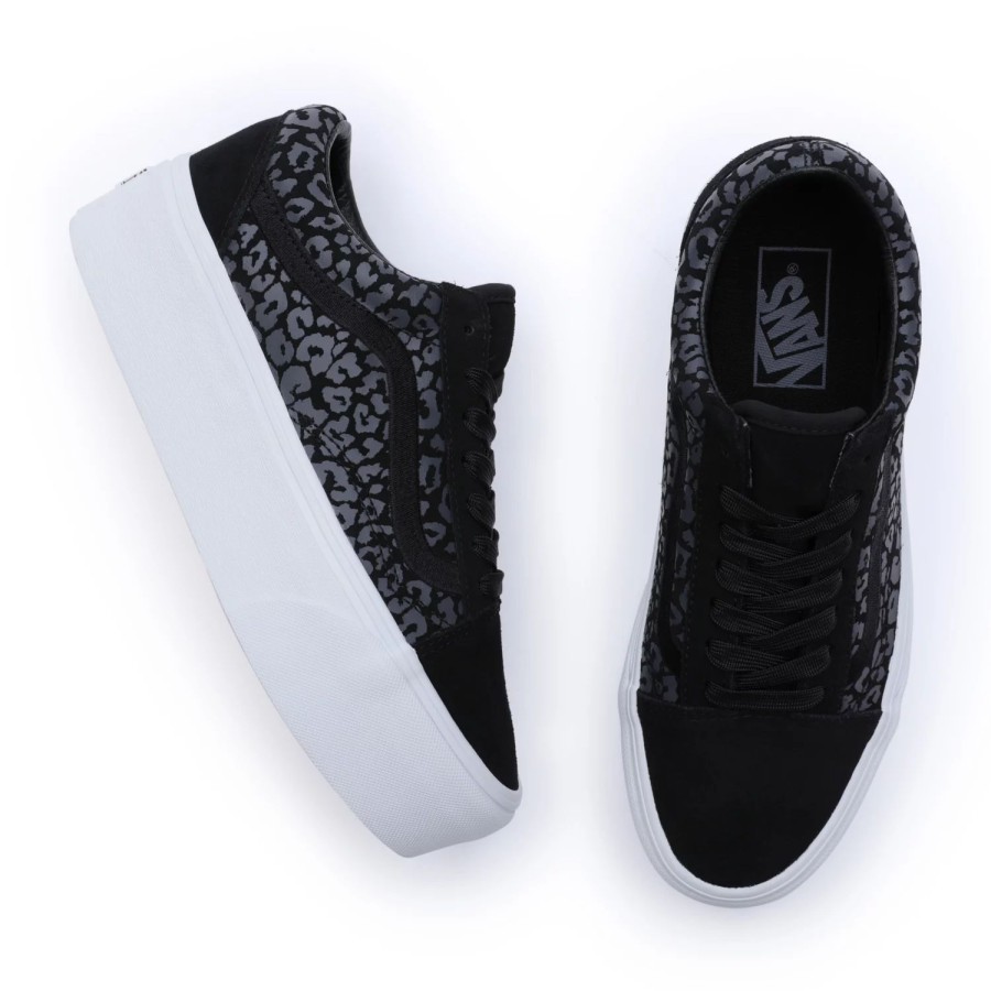 Damen VANS Plateauschuhe | Mono Embroidery Old Skool Stackform Schuhe Schwarz