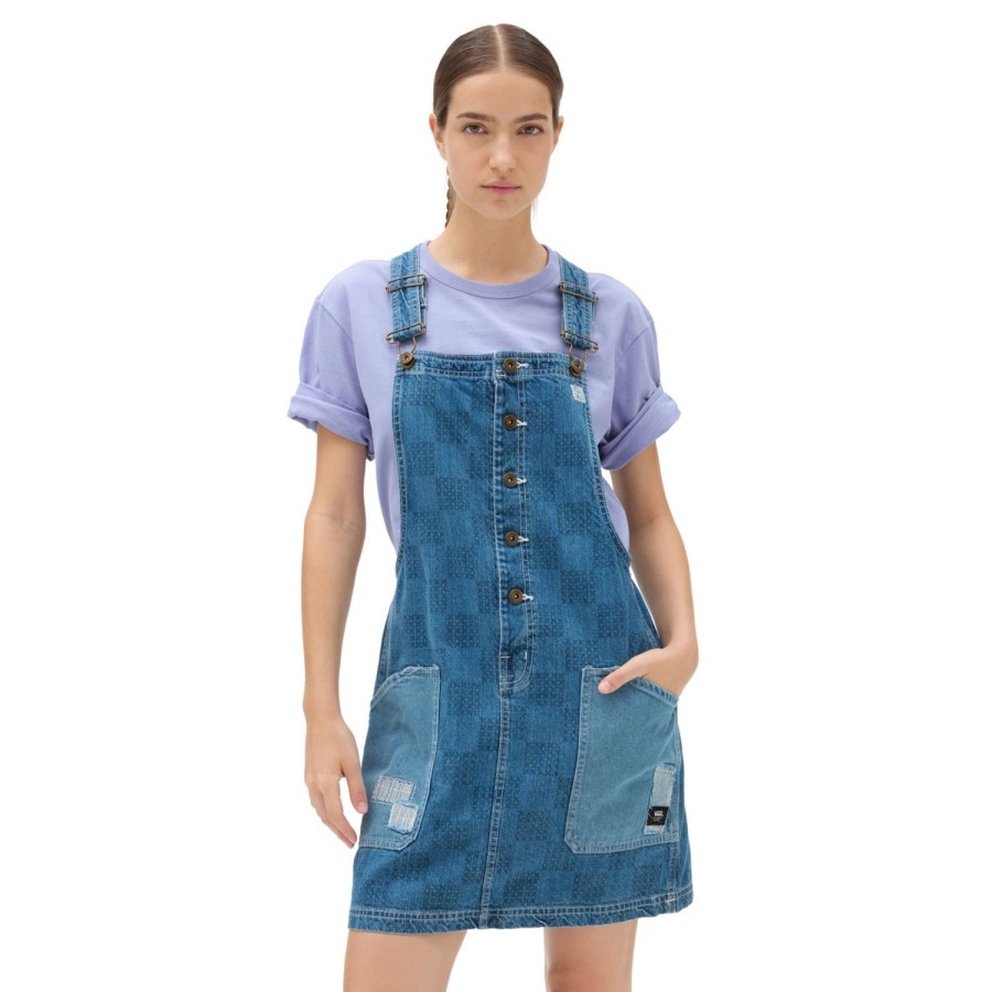 Damen VANS Kleider & Rocke | Mended Check Denim Latzkleid Blau