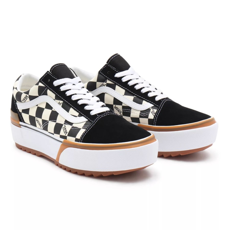 Damen VANS Plateauschuhe | Checkerboard Old Skool Stacked Schuhe Schwarz, Weis