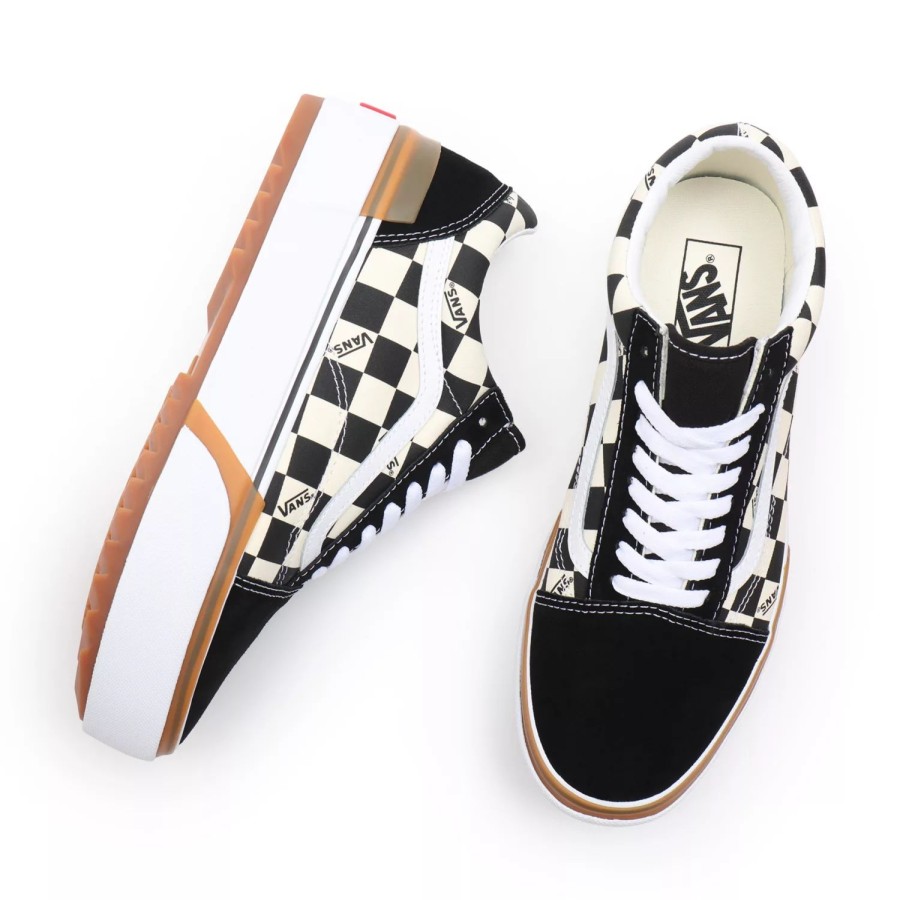 Damen VANS Plateauschuhe | Checkerboard Old Skool Stacked Schuhe Schwarz, Weis