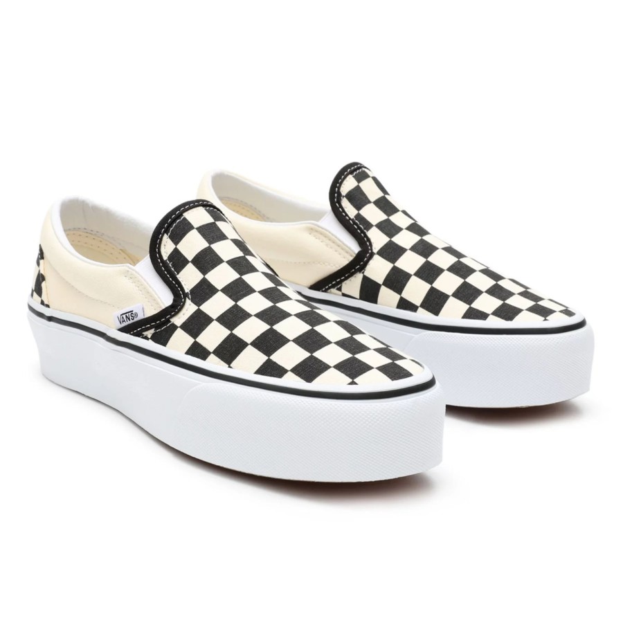 Damen VANS Plateauschuhe | Checkerboard Classic Slip-On Plateauschuhe Schwarz, Weis