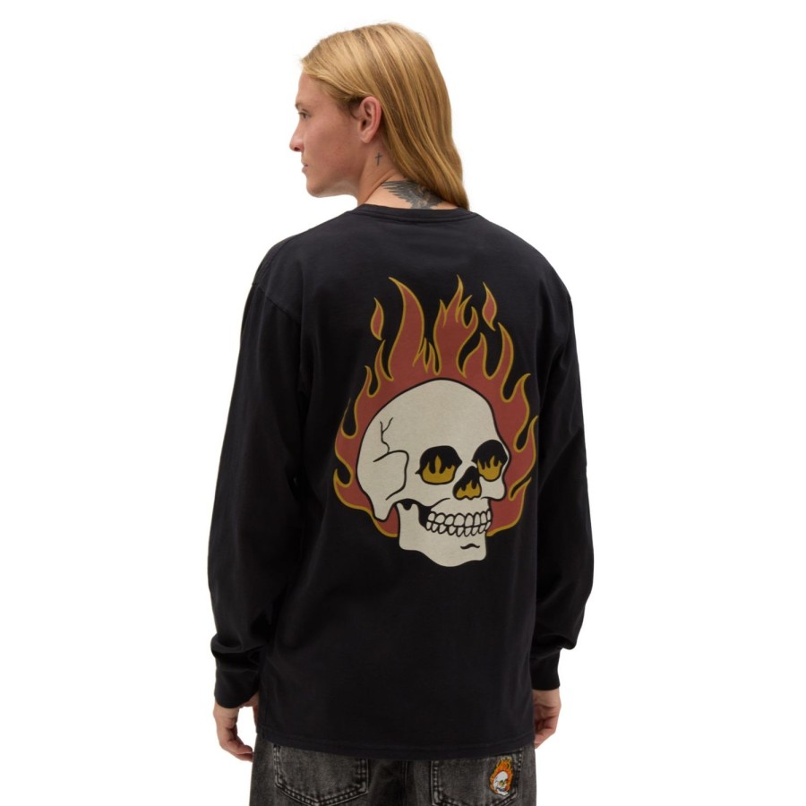 Herren VANS T-Shirts & Tank Tops | Flaming Skulls Washed Langarmshirt Schwarz